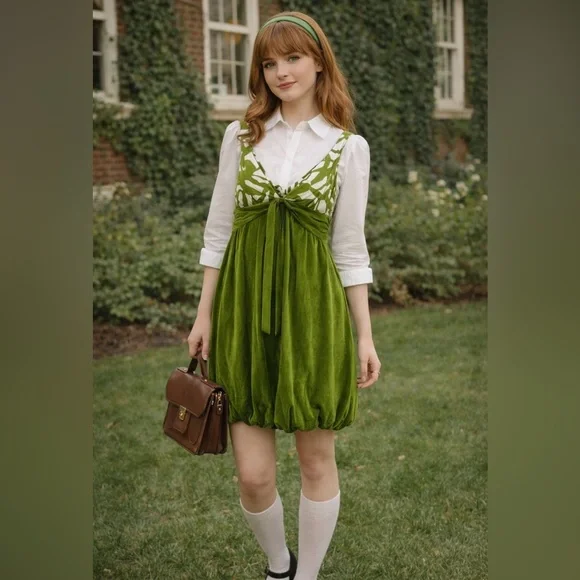 Velvet VTG Dress Babydoll Bubble Hem Forest Fairy Twee Silk Quiet Luxury USA M - Picture 1 of 16